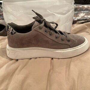 VINCE Gray Suede with Snake Print Heel Lace Up Platform Sneakers